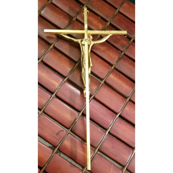 Vintage Brass & Pewter Crucifix Cross Wall Hanging 10"x5" - Picture 3 of 3